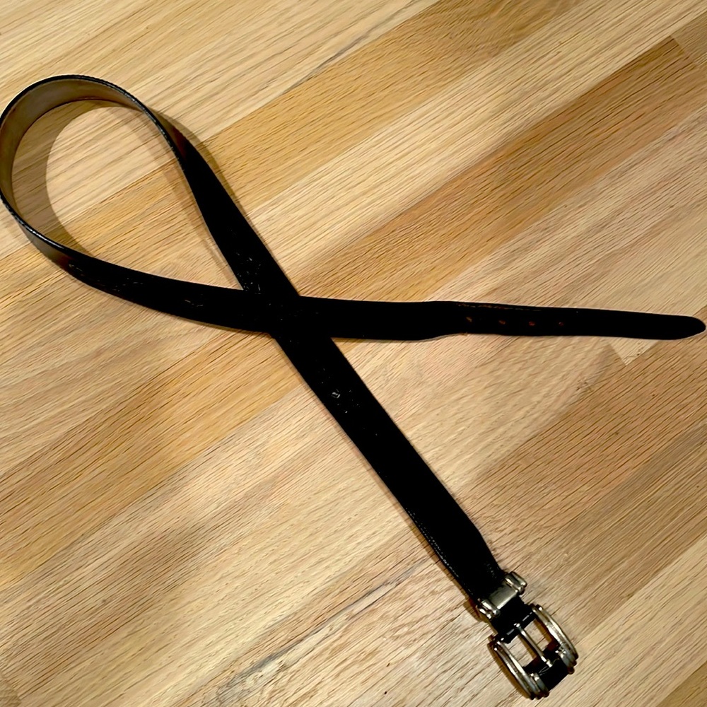 Men’s Italian leather black belt with silver buckle, 2 women design details.